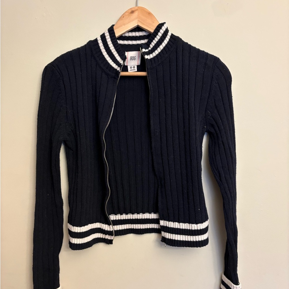 Urban Outfitters Black Ribbed Zip-Up Sweater with White Stripes - Picture 2 of 4